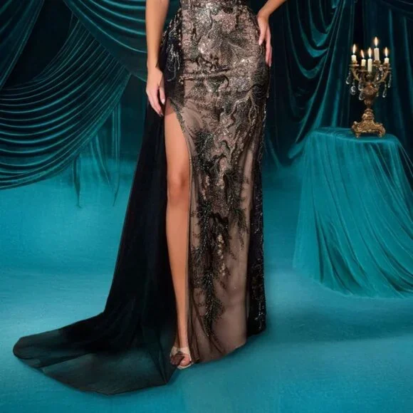 New Black Sleeveless Mother Of Bride Gown w/Beaded Overlay & Side Drape CD A1489 - Picture 10 of 13